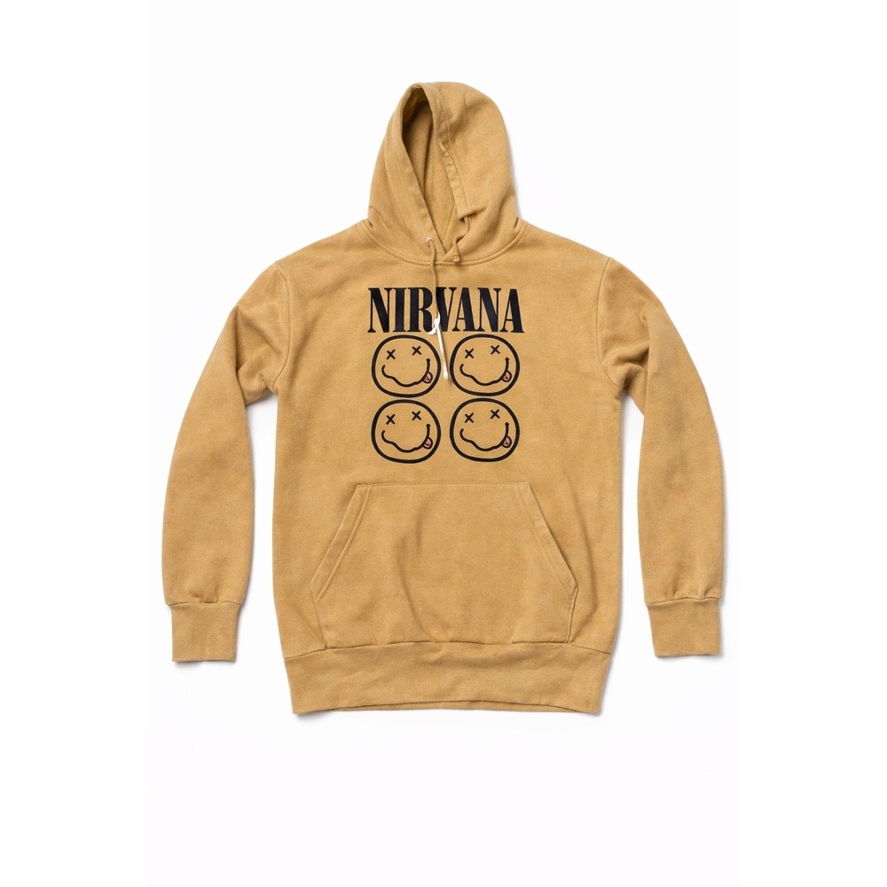 Nirvana Smiley Face Hoodie Tan Pullover Sweatshirt Size S Y2K Graphic Streetwear